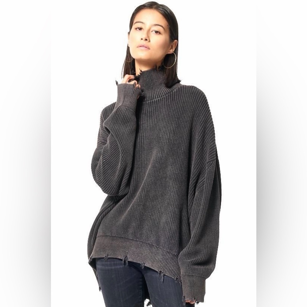 Young Fabulous & Broke Distressed Gray Turtleneck Sweater